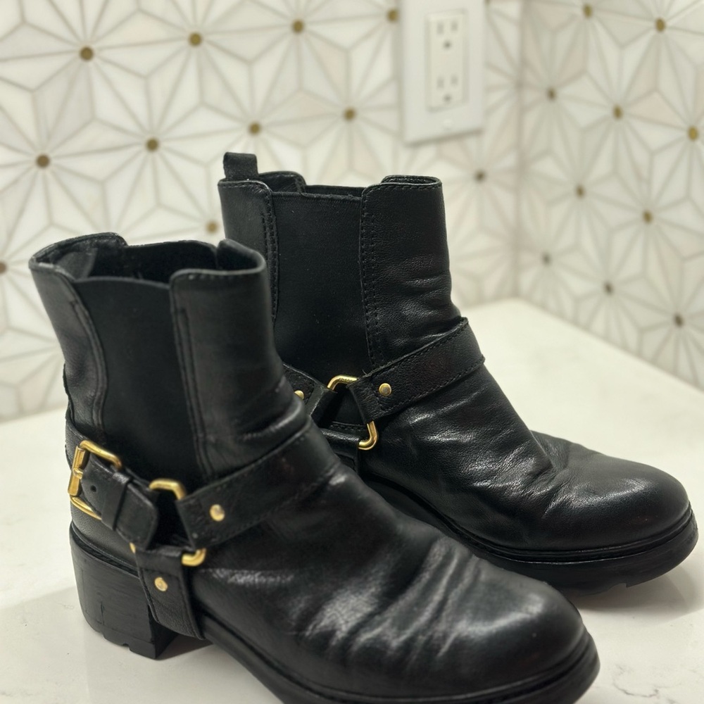 Prada Black Leather Moto Boots with Gold Accents